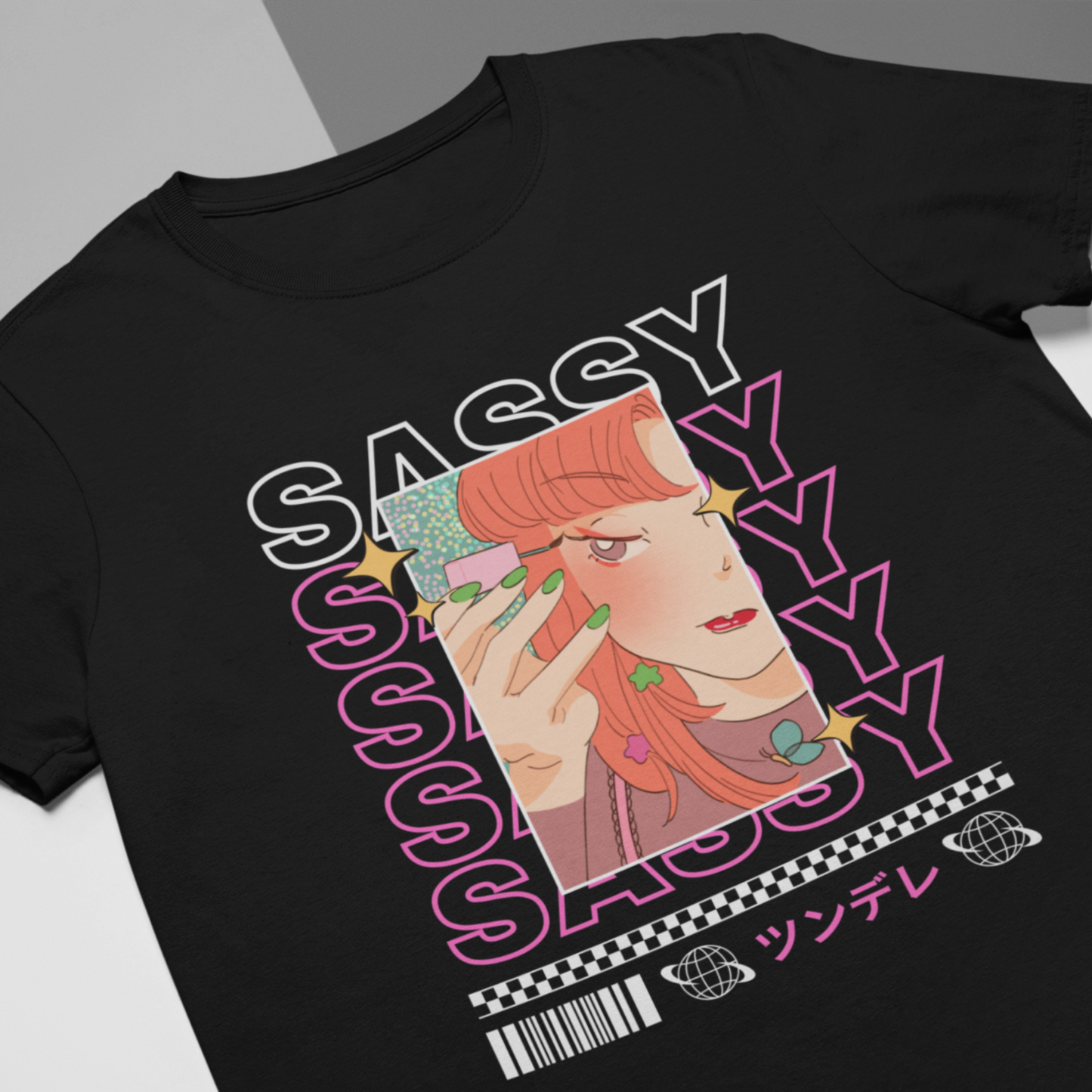 Black aesthetic streetwear T-shirt with Sassy text and anime girl graphic, flat lay close-up view.