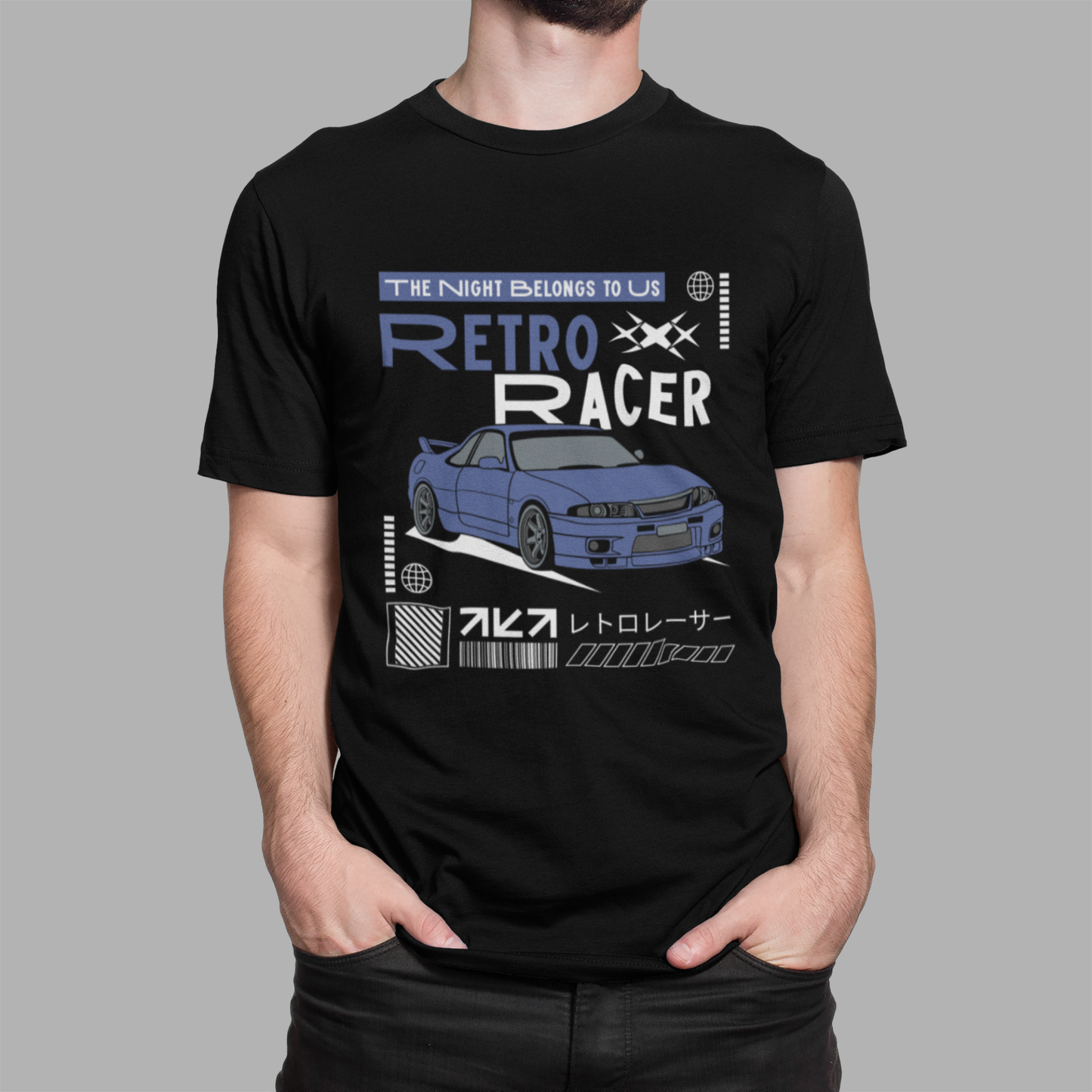 Black Japanese streetwear T-shirt with Retro Racer blue car design, worn by man against grey background.
