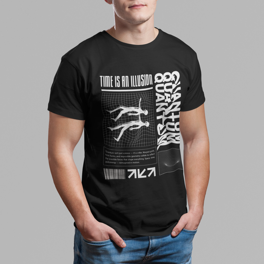 Black Japanese streetwear T-shirt with abstract wave and bold typography design, worn by man against grey background.