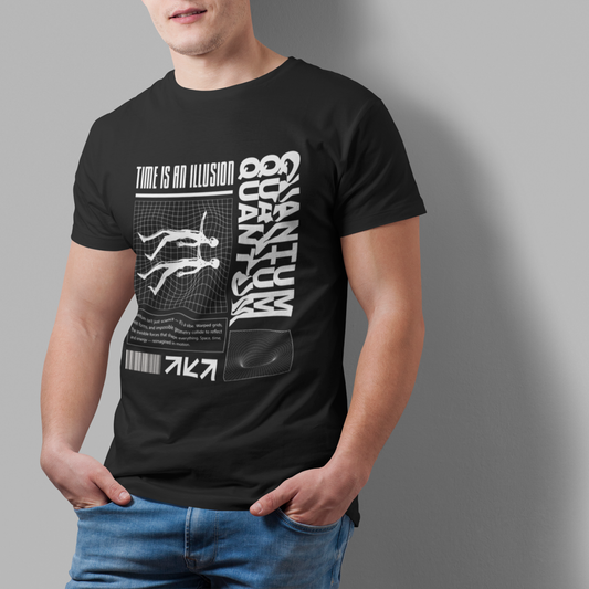 Trendy black graphic T-shirt featuring Japanese text, abstract wave lines, and modern typography, modeled by man.