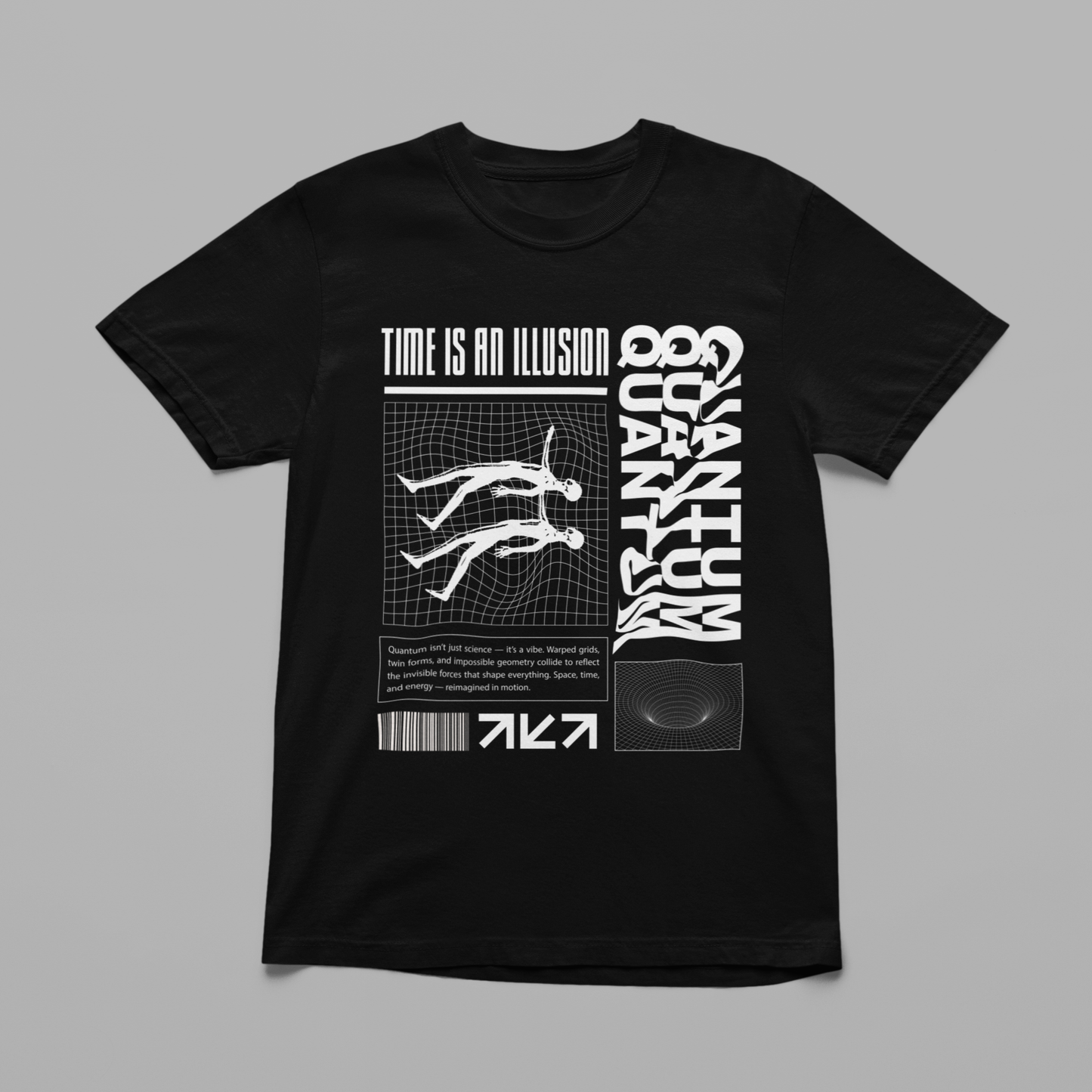Minimal black aesthetic Japanese streetwear T-shirt with wave and typography print, flat lay on grey background.