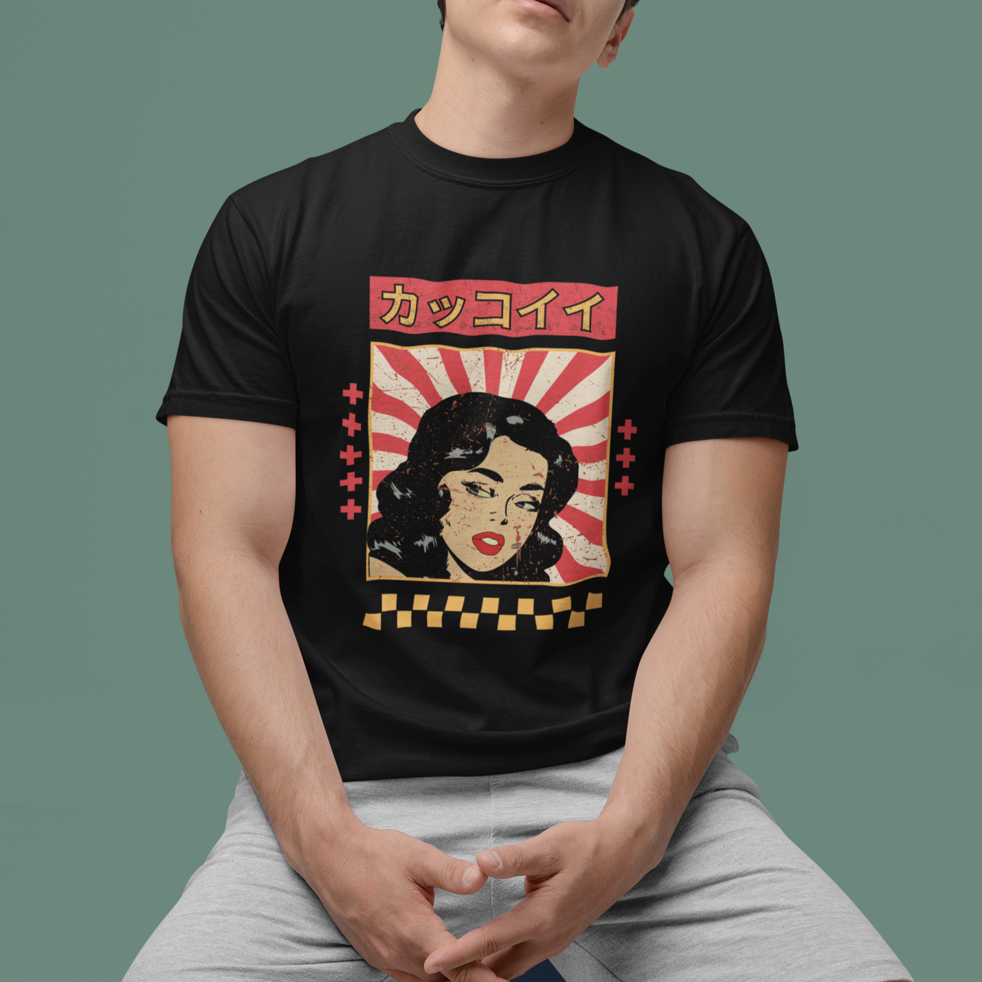 Black Japanese streetwear T-shirt with vintage woman face artwork and rising sun background, modeled by man.