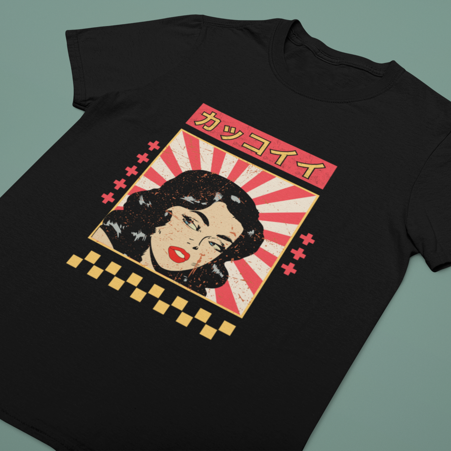 Flat lay of black retro Japanese graphic T-shirt with woman portrait and bold red rising sun design.