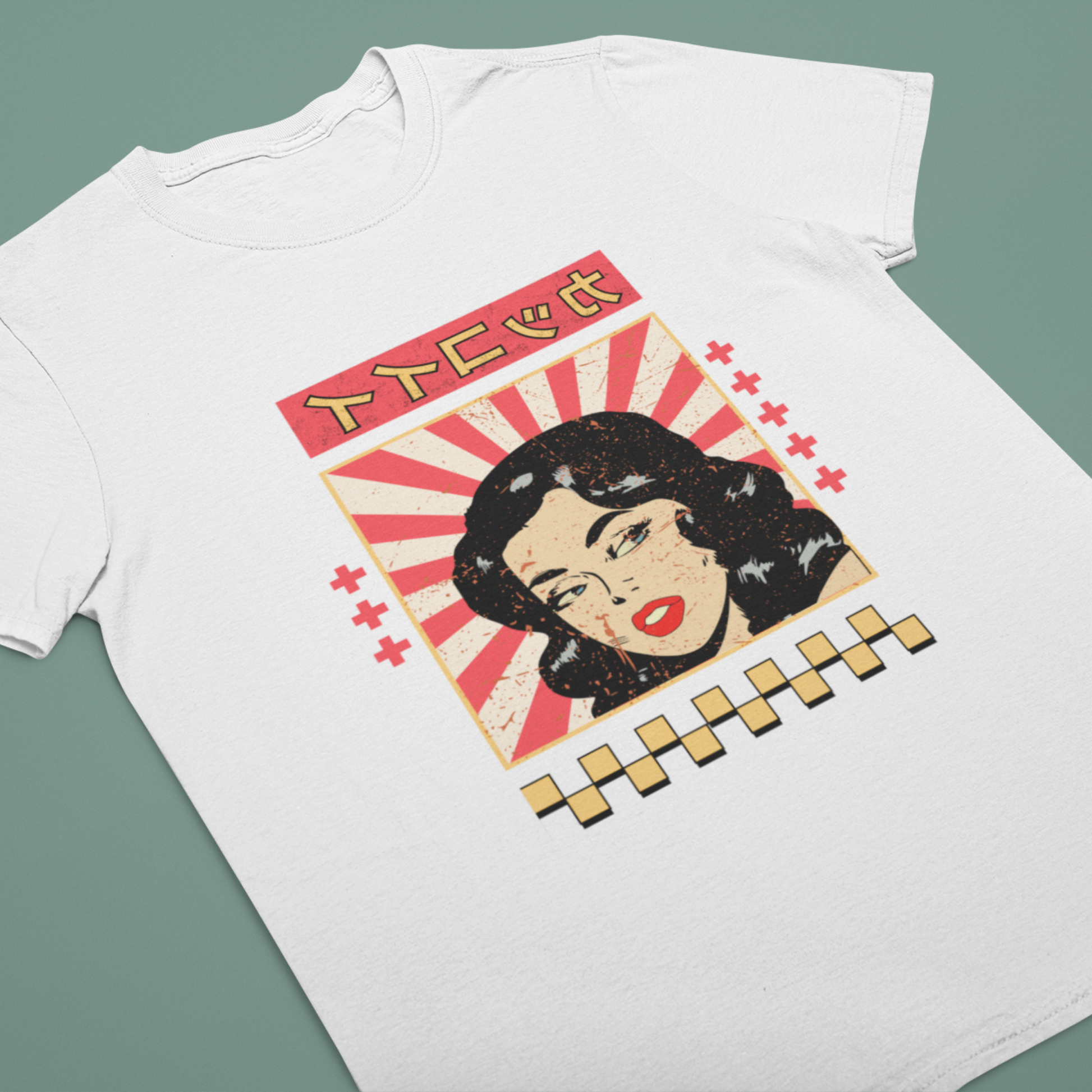 Flat lay of white Japanese-inspired T-shirt with retro woman illustration and red rising sun rays background.
