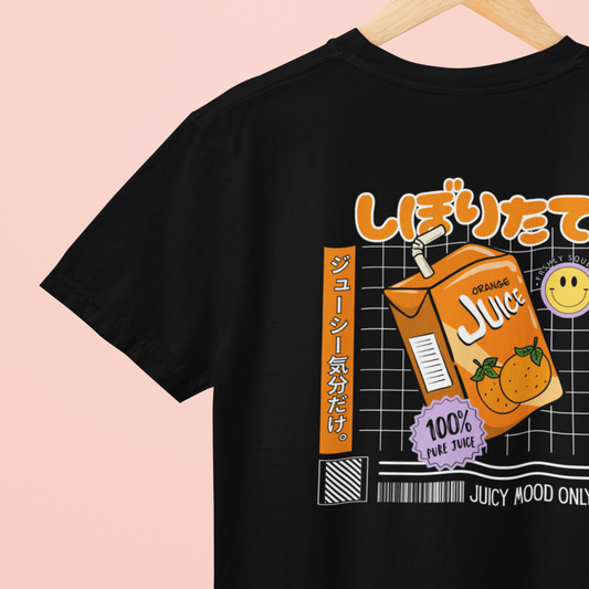 Black t-shirt with orange juice carton graphic and text on a pink background