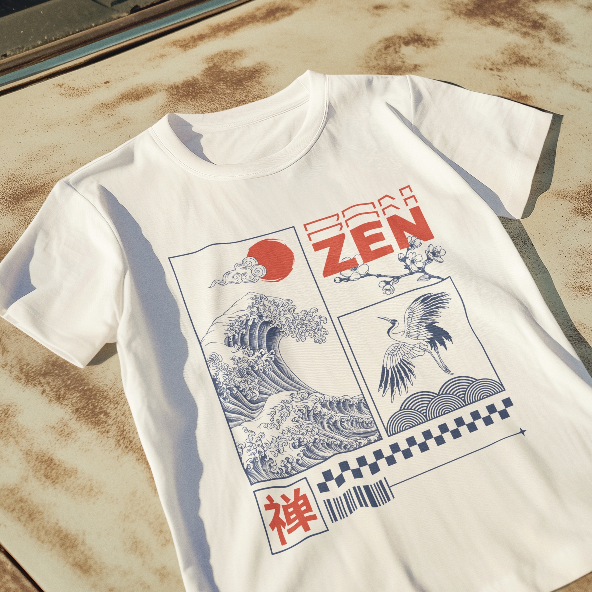 Minimal Zen aesthetic Japanese T-shirt with wave and crane design, flat lay on rustic surface.