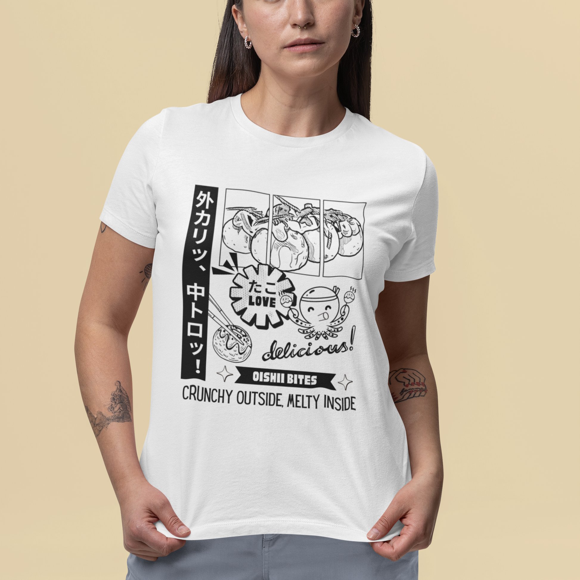 Trendy Japanese food graphic T-shirt featuring cute dessert art and text, worn by woman against beige background.