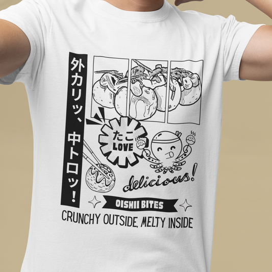 White aesthetic Japanese snack T-shirt with manga-style dessert illustrations and text, close-up view.