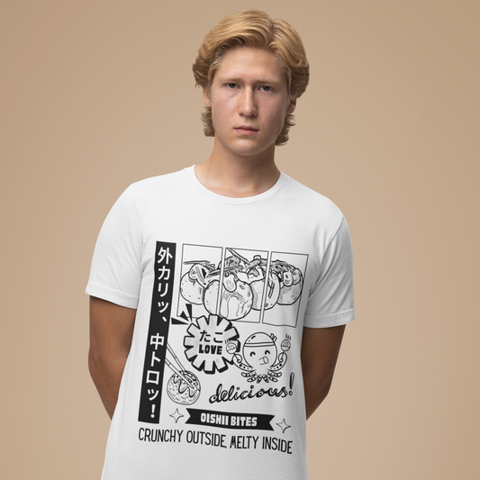 Japanese streetwear food graphic T-shirt with dessert bites design, worn by man standing against beige background.
