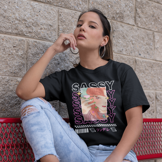 Black graphic T-shirt with bold Sassy text and anime girl illustration, worn by woman sitting against stone wall.