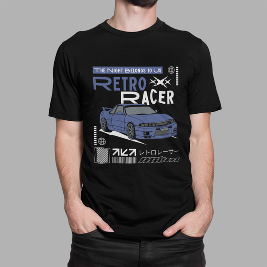Black Japanese streetwear T-shirt with Retro Racer blue car design, worn by man against grey background.