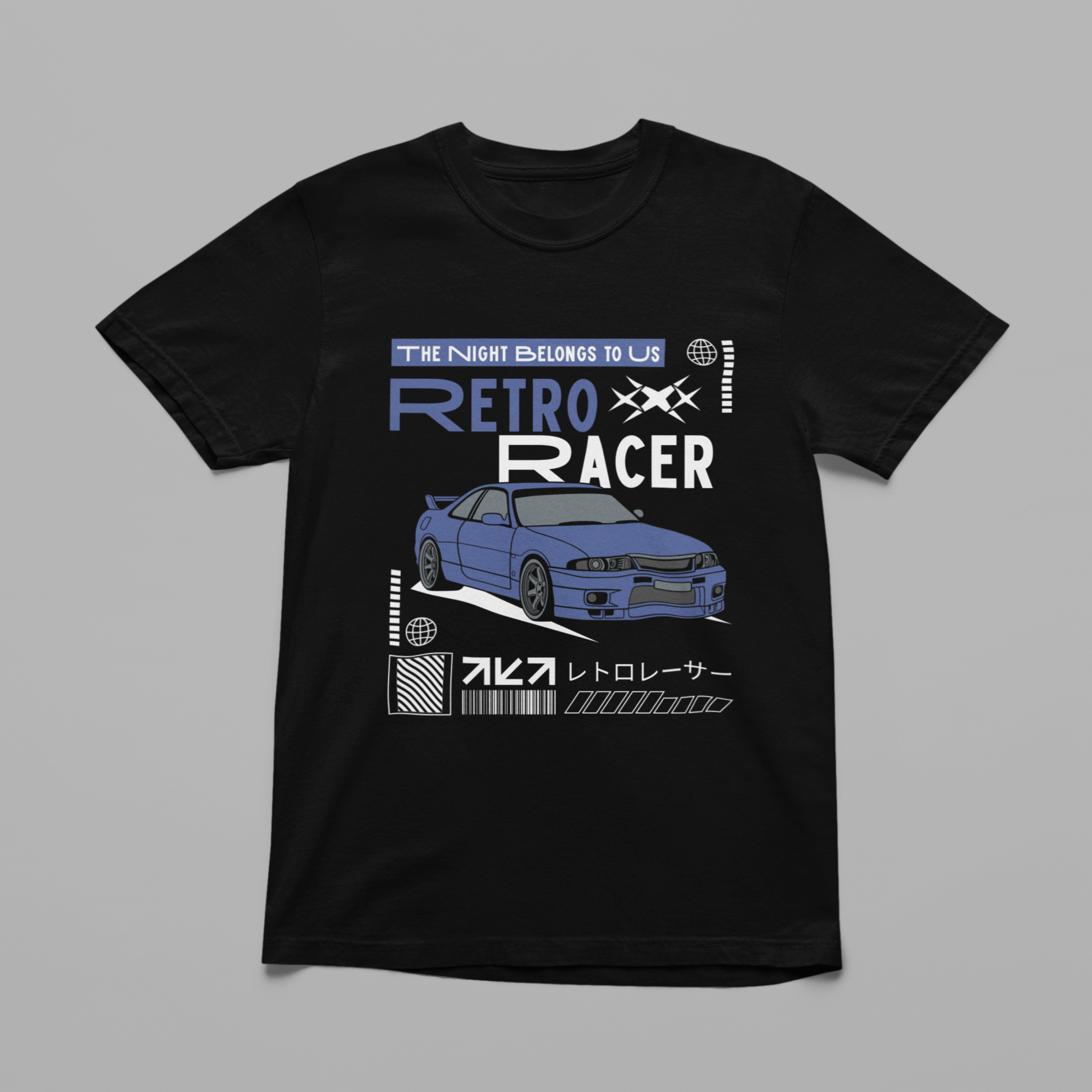 Flat lay of black Retro Racer T-shirt with blue car illustration and Japanese streetwear design elements.