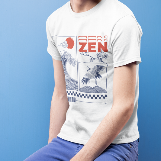 Japanese streetwear T-shirt with Zen wave and crane design, worn by man sitting against blue background.