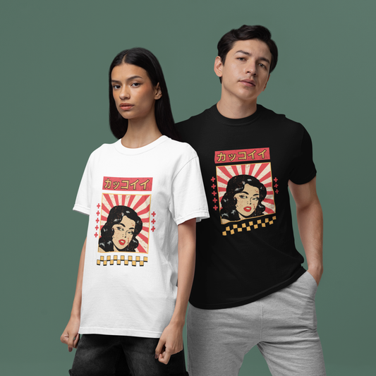 Couple wearing Japanese streetwear graphic T-shirts with retro woman illustration and rising sun design.