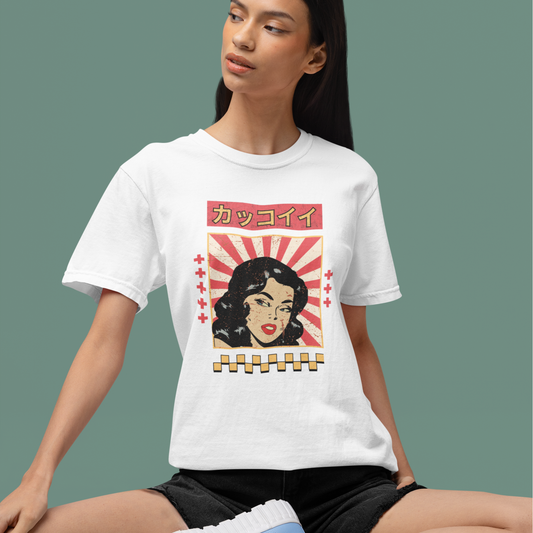 White Japanese-inspired retro T-shirt featuring bold woman portrait with red rising sun rays, modeled by woman.