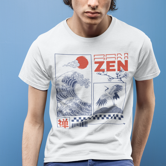 Aesthetic Japanese Zen T-shirt featuring wave, red sun, and crane artwork, modeled by man.